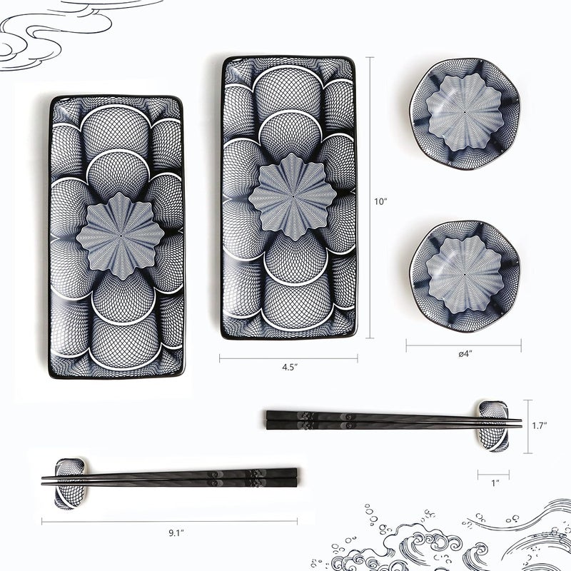 ELUSH 8 Piece Japanese Style Ceramic Sushi Plate Set 10-inch rectangle sushi dishes- 2 Sushi Plates, 2 Sauce Dishes, 2 Pairs of Chopsticks, 2 Chopsticks Holders - Image 3
